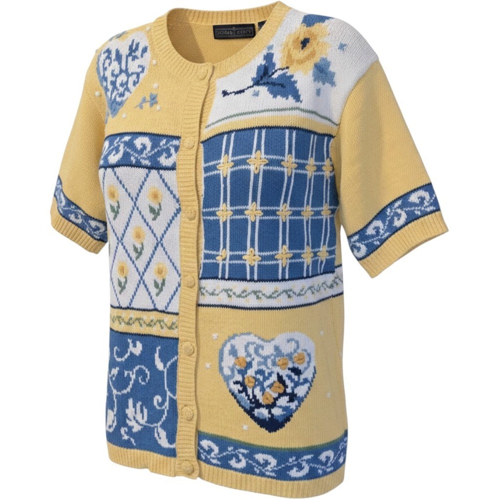 Herman Geist Vintage Yellow Blue Patchwork Floral Heart Cardigan Sweater Medium